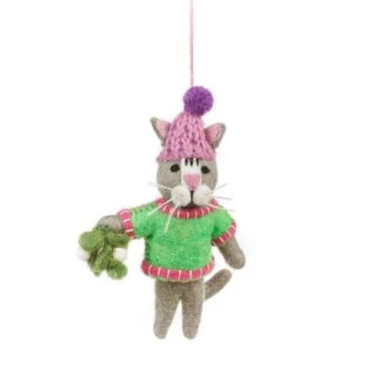 Handmade Felt Mistletoe Meows Christmas Cat Hanging Decoration