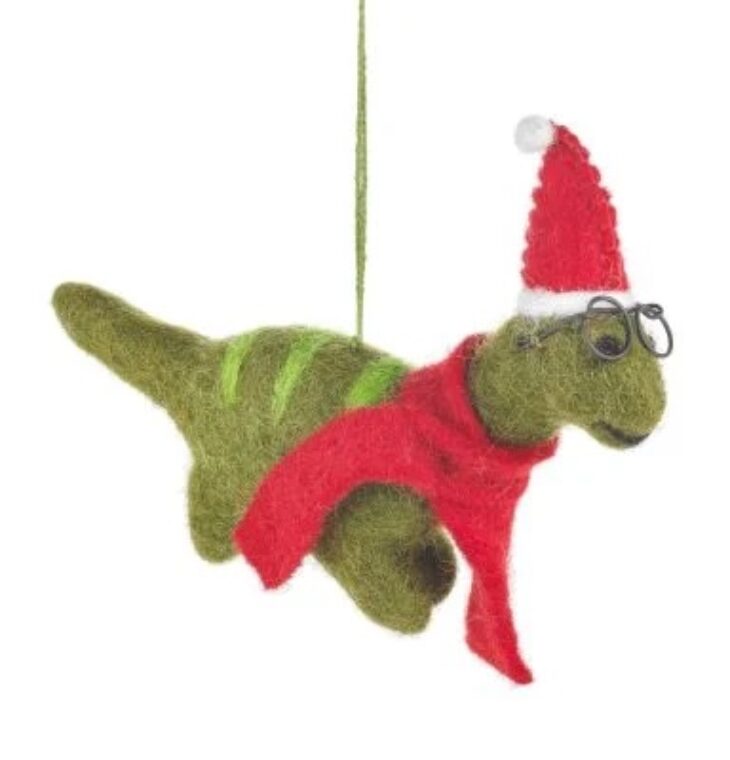 Handmade Felt Hanging Christmas Dinosaur with Specs Tree Decoration