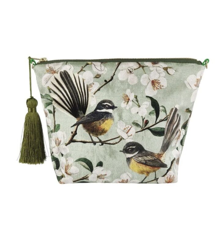 100%NZ Chatty Fantails Velvet Cosmetic Bag