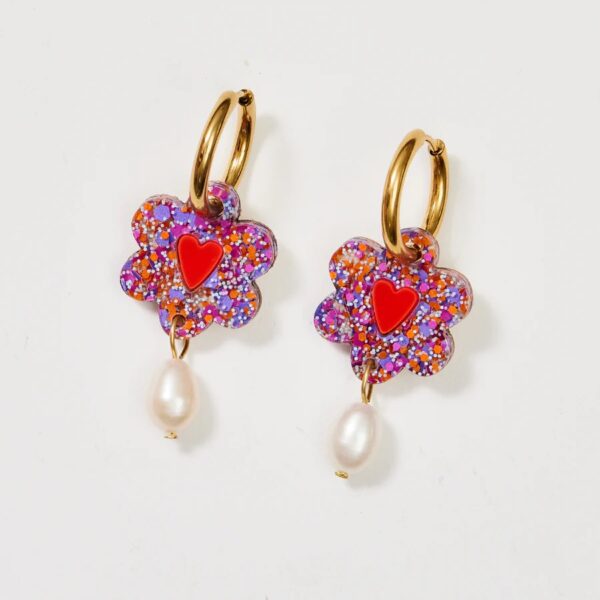 Martha Jean-HEART FLOWER + PEARL EARRINGS - PURPLE ORANGE