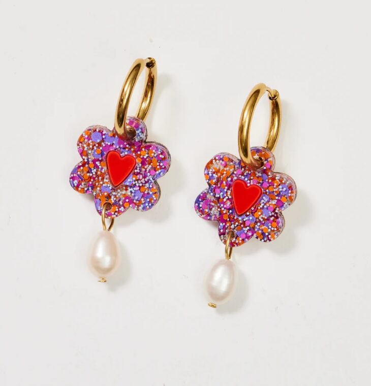 Martha Jean-HEART FLOWER + PEARL EARRINGS - PURPLE ORANGE