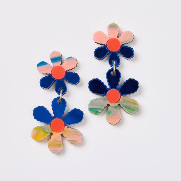 Martha Jean- TWIN DAISY CHAIN EARRINGS - BLUE / PEACH WATERCOLOUR
