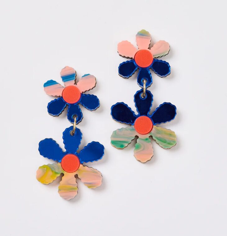 Martha Jean- TWIN DAISY CHAIN EARRINGS - BLUE / PEACH WATERCOLOUR