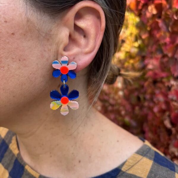 Martha Jean- TWIN DAISY CHAIN EARRINGS - BLUE / PEACH WATERCOLOUR